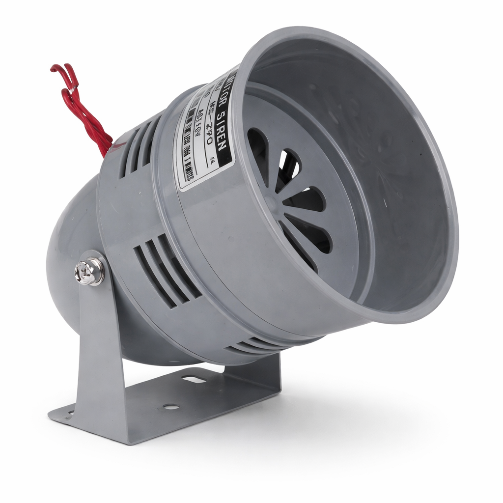 Gray industrial horn with red wire on a white background