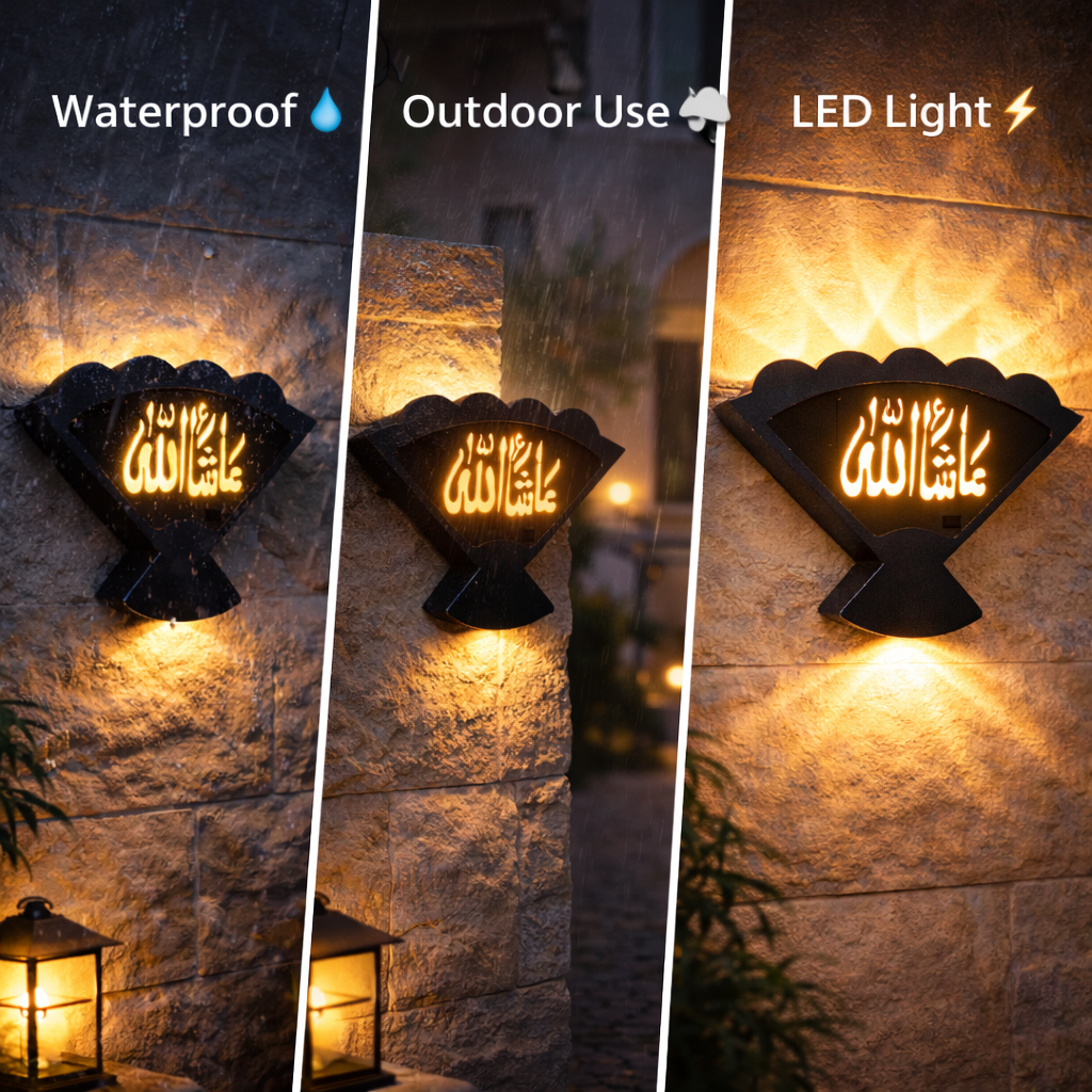 Outdoor wall light fixture with waterproof, outdoor use, and LED light features on a stone wall.