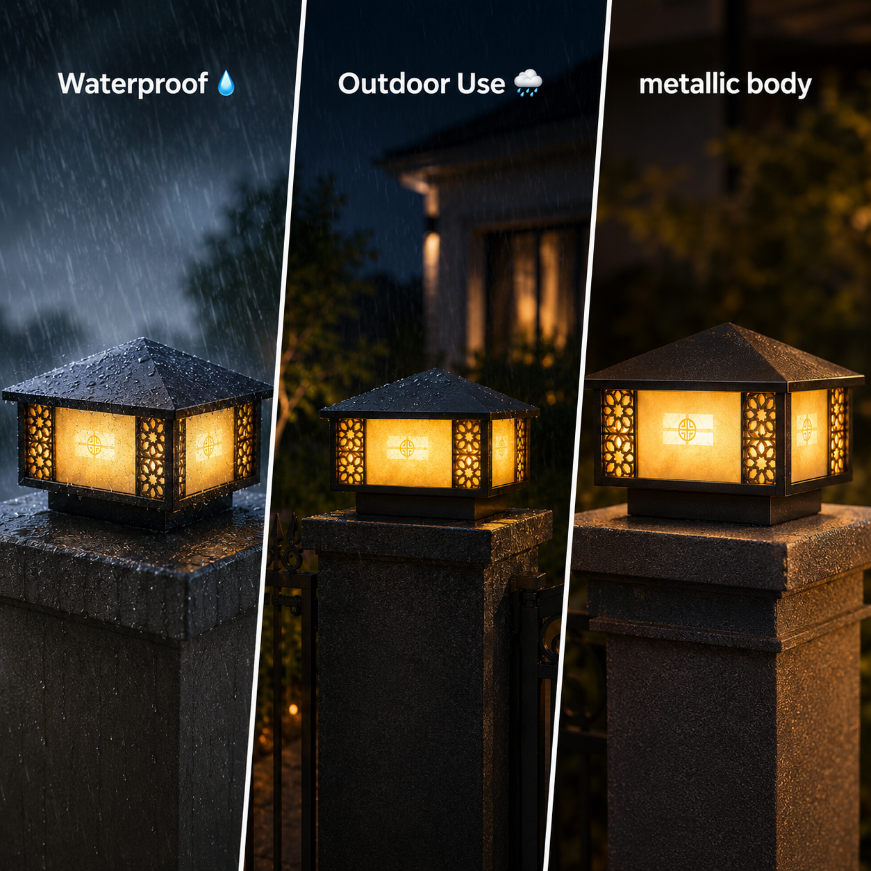 Outdoor light fixture on a post with waterproof, outdoor use, and metallic body features highlighted.