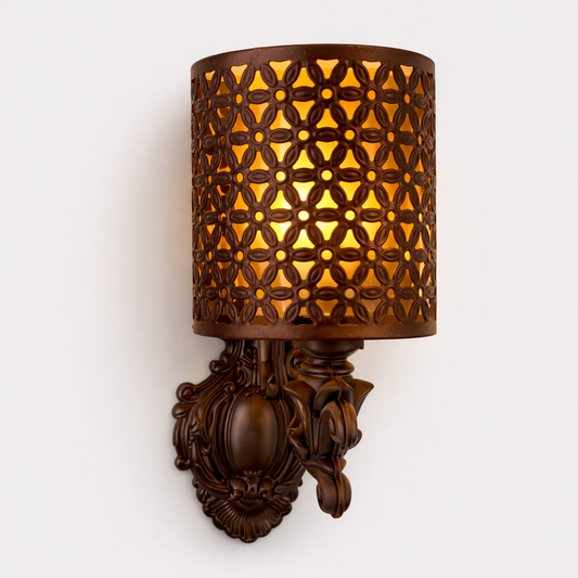 Gold metal wall sconce light with warm ambient glow
