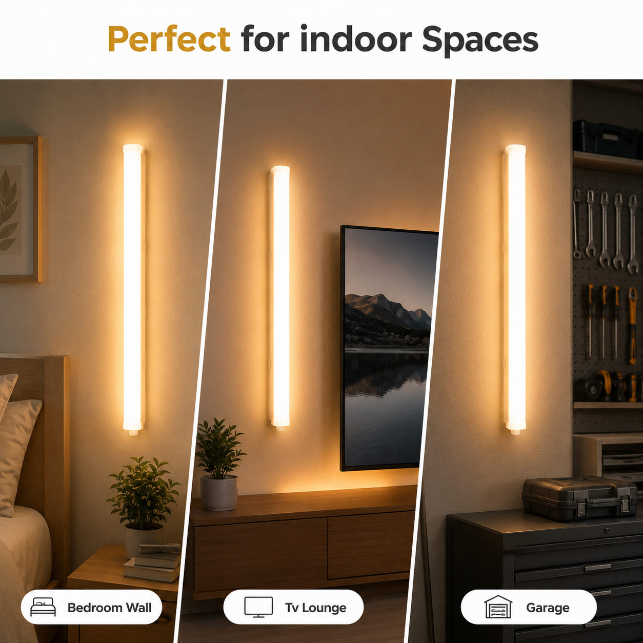 LED wall lights in various indoor settings including bedroom, TV lounge, and garage.