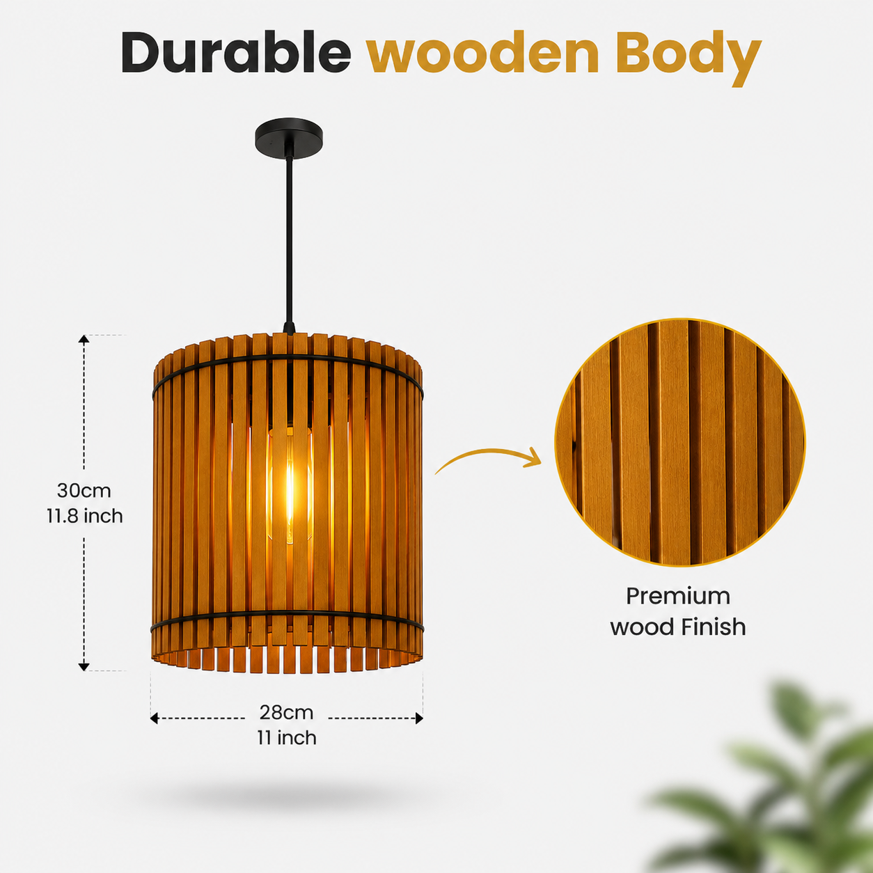Natural wood pendant lamp illuminating cozy indoor interior
