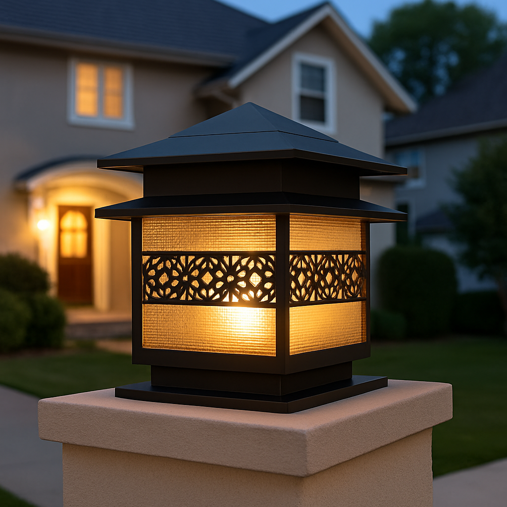 Decorative outdoor light fixture on a post with a house in the background