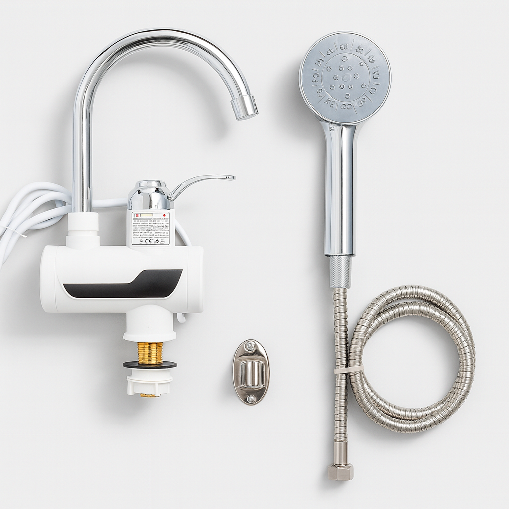 Electric water heater and shower head set on a white background