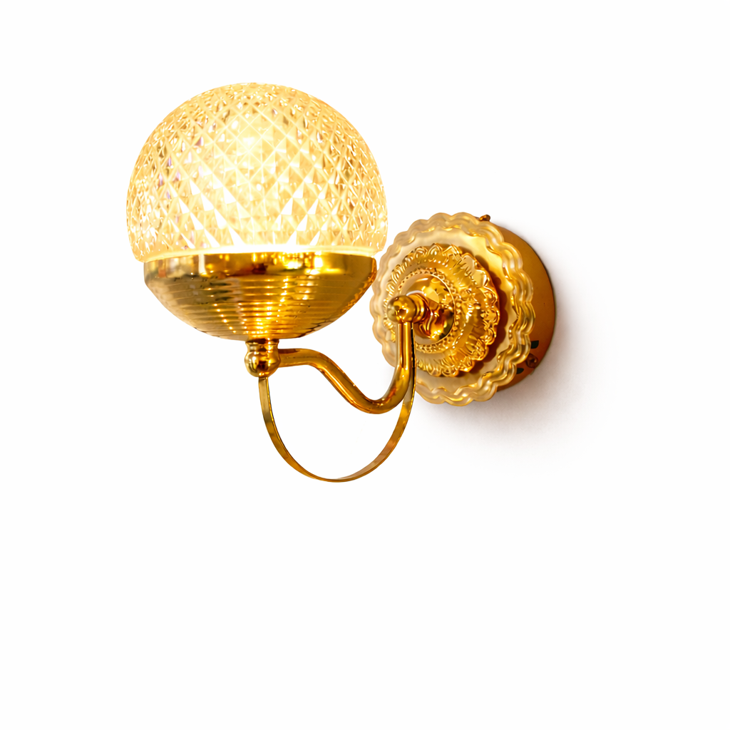 Gold LED wall light with textured glass shade for luxury interiors