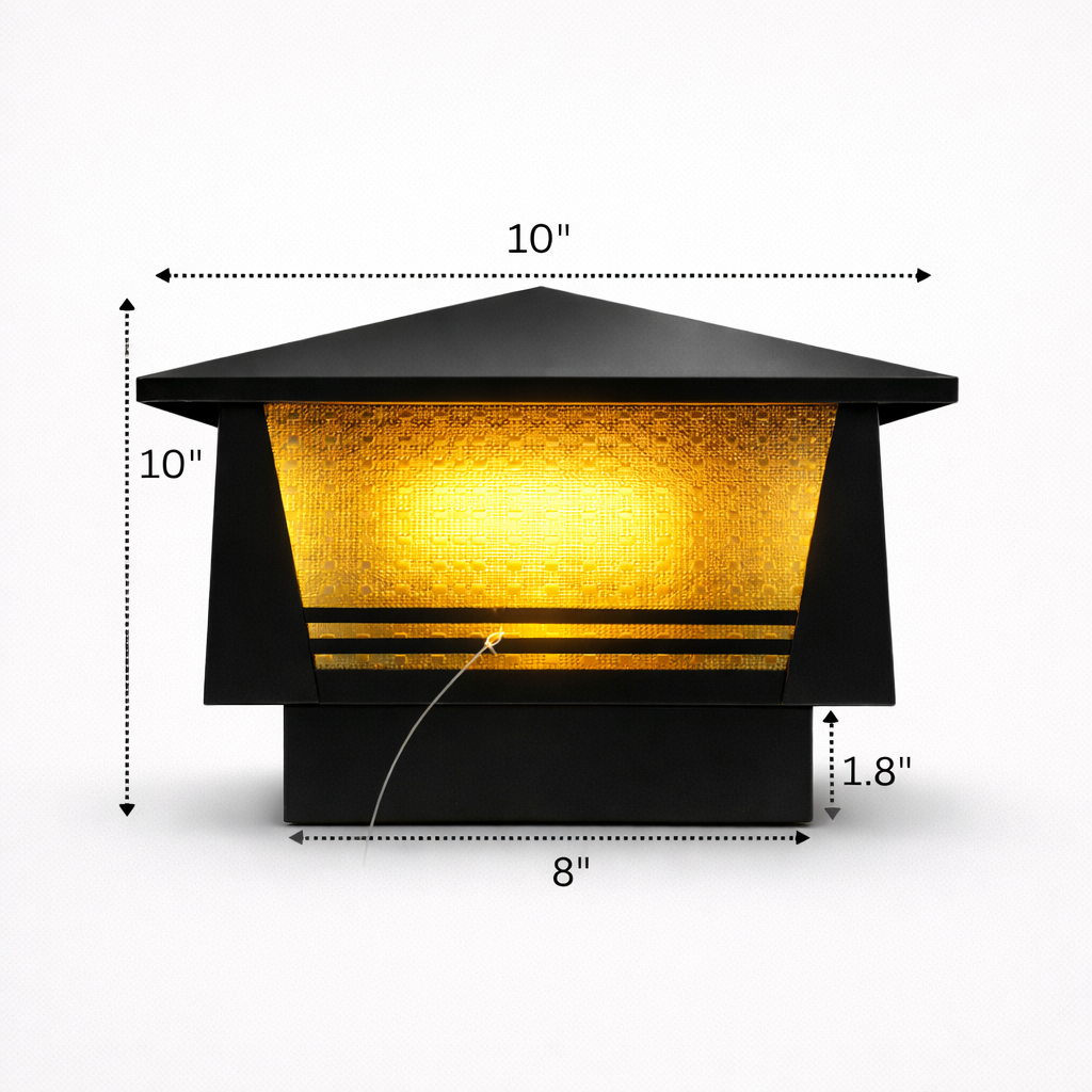 Black outdoor light fixture with dimensions on a white background