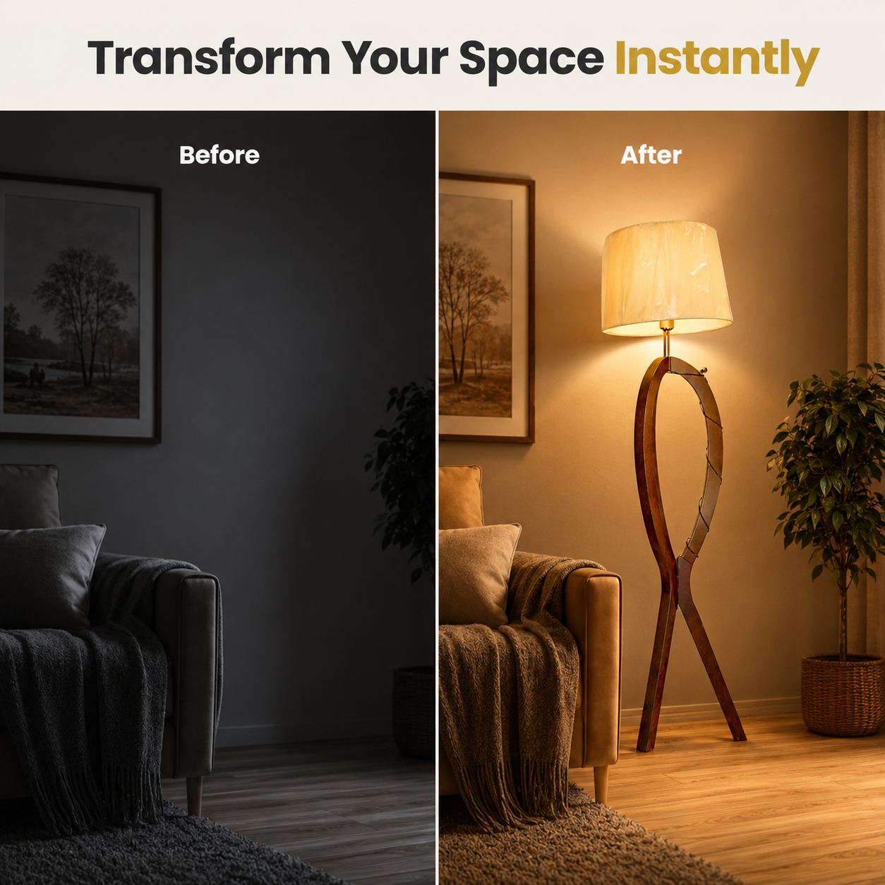 Before and after comparison of a living room with added lighting and decor.