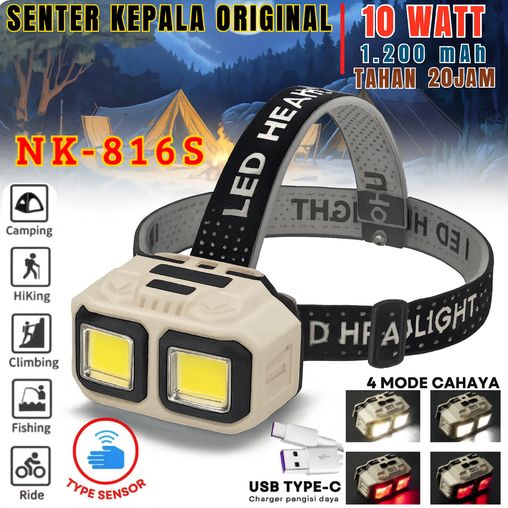 “NK-816 rechargeable LED headlamp with dual COB lights and USB Type-C charging.”