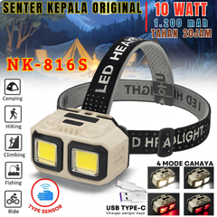 “NK-816 rechargeable LED headlamp with dual COB lights and USB Type-C charging.”
