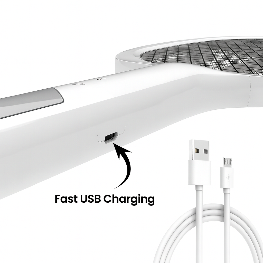 Rechargeable mosquito racket in modern living room setting.