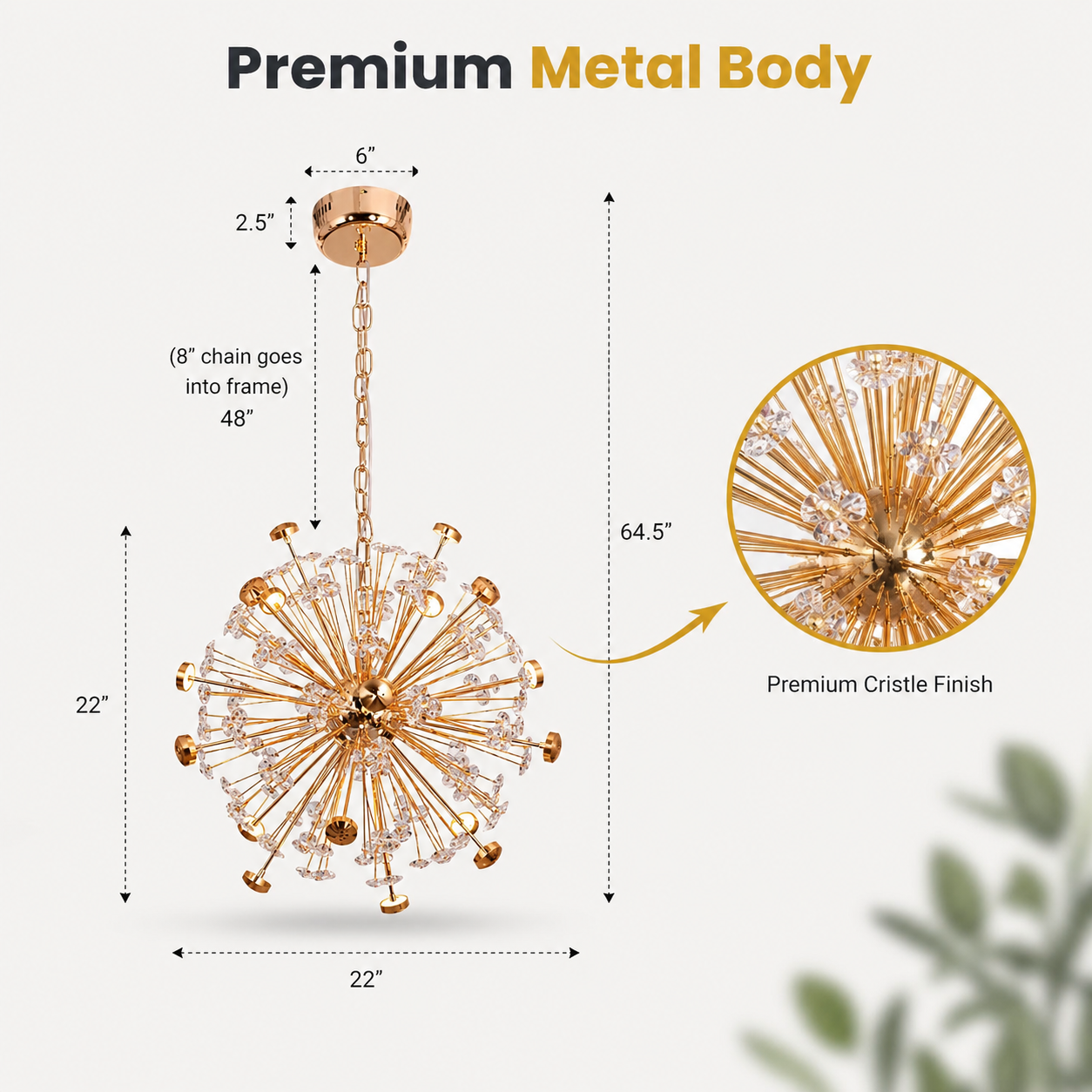 Chandelier with measurements and details on a white background