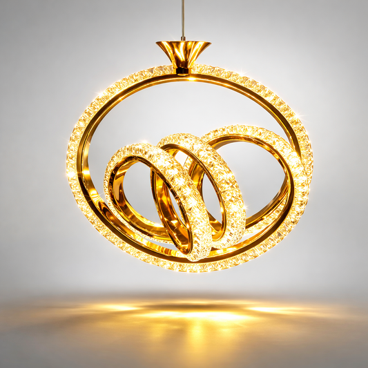 Modern gold LED chandelier with crystal ring design