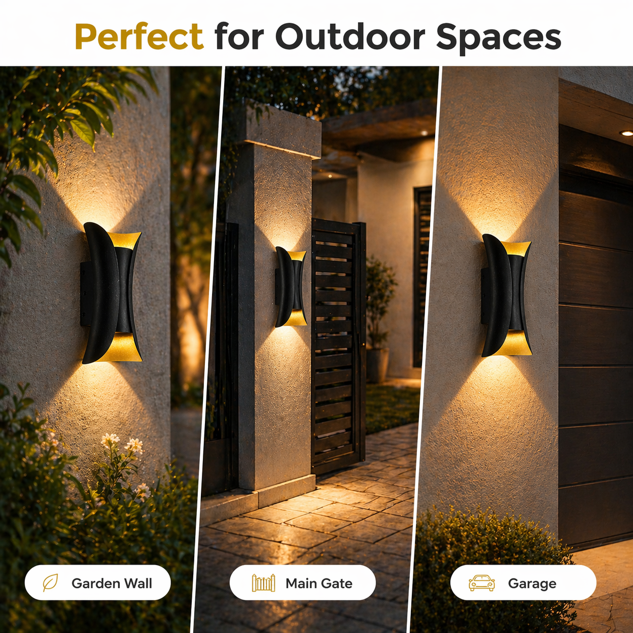 Outdoor wall lights shown in garden, main gate, and garage settings with text 'Perfect for Outdoor Spaces'.
