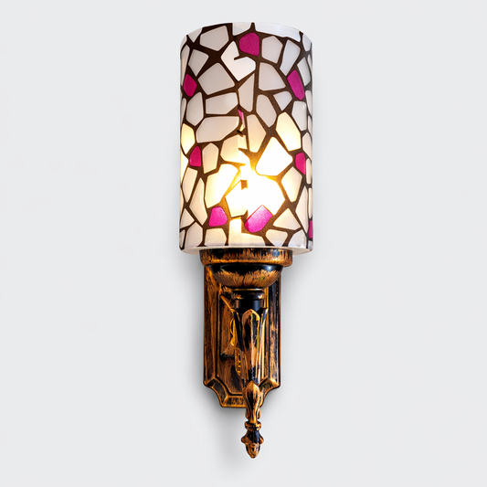 Mosaic-patterned wall sconce with pink and beige colors on a white background