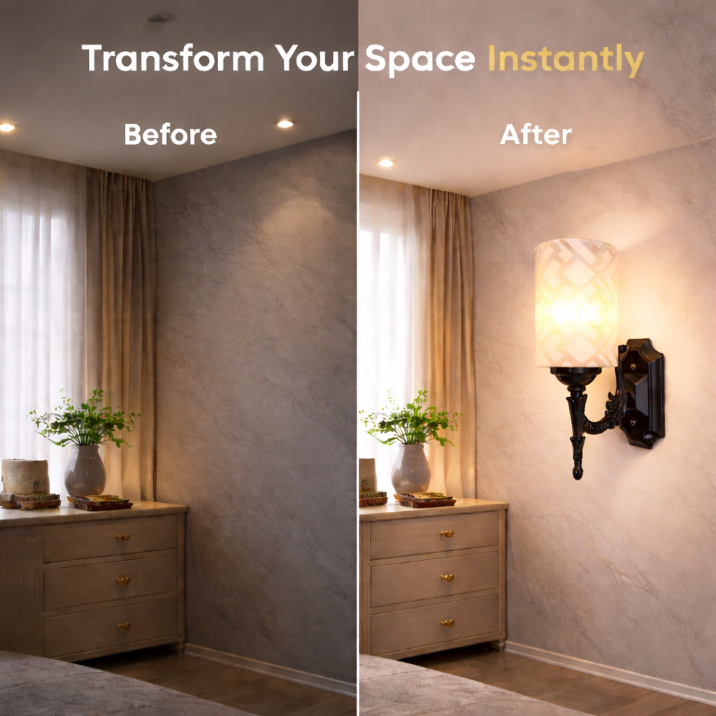 Before and after wall lighting transformation with sconce installed