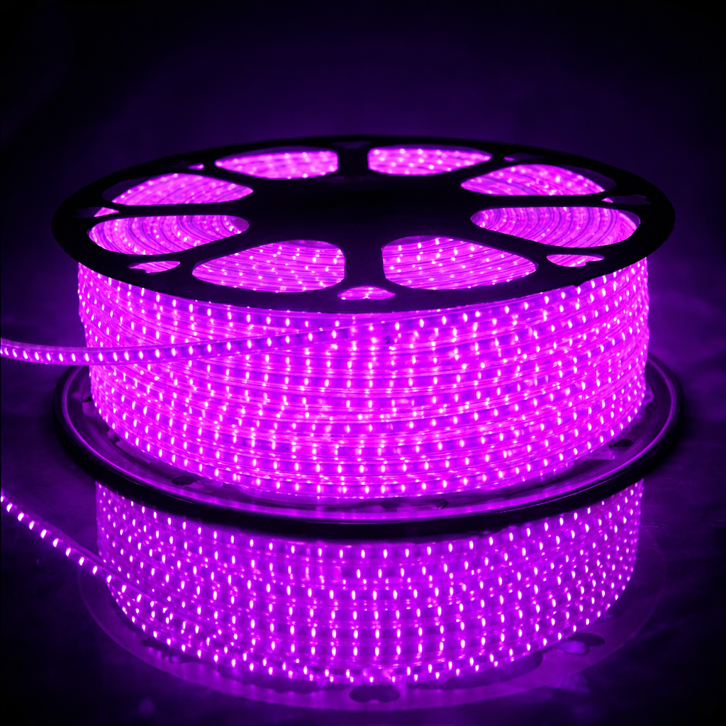 Spool of purple LED strip light on a dark background