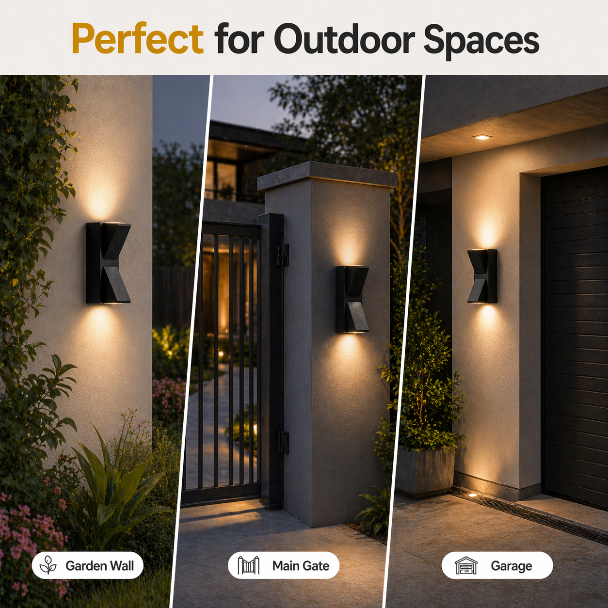 Outdoor wall lights displayed in garden, main gate, and garage settings with text 'Perfect for Outdoor Spaces'.