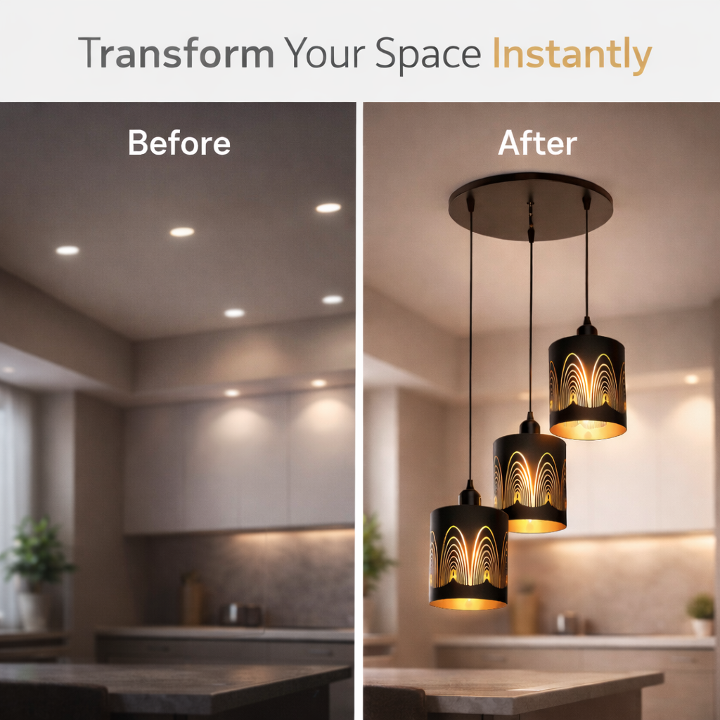 Before and after comparison of a kitchen with pendant lights added.