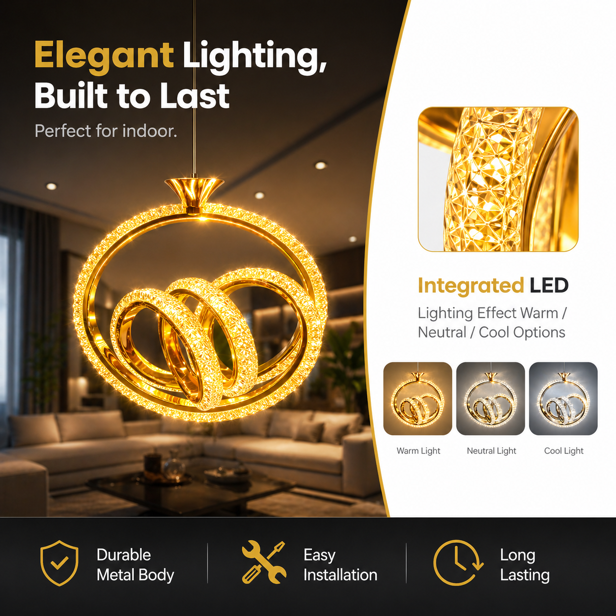 Elegant LED chandelier with integrated LED lighting options in a living room setting.