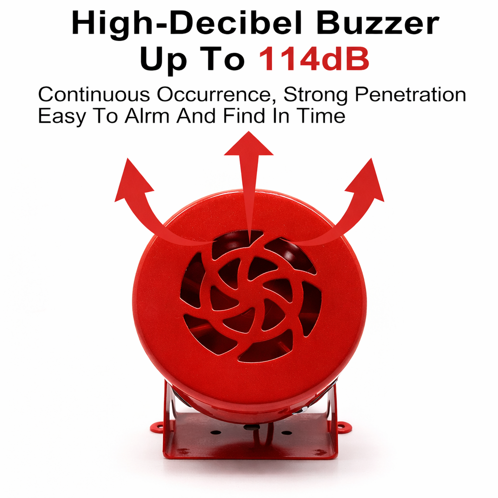 Red high-decibel buzzer with text on a white background