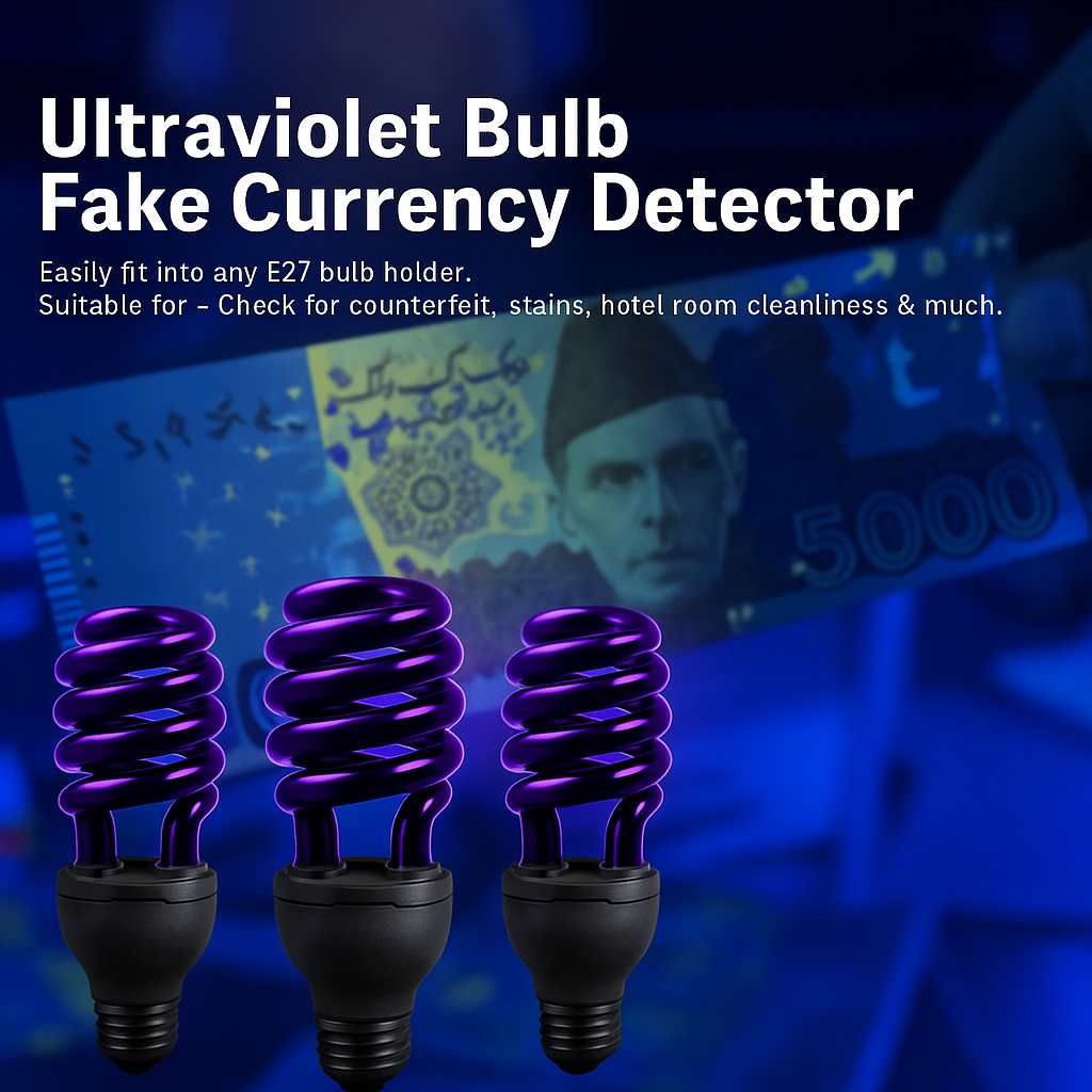 Ultraviolet bulb for detecting fake currency with text on a blurred background