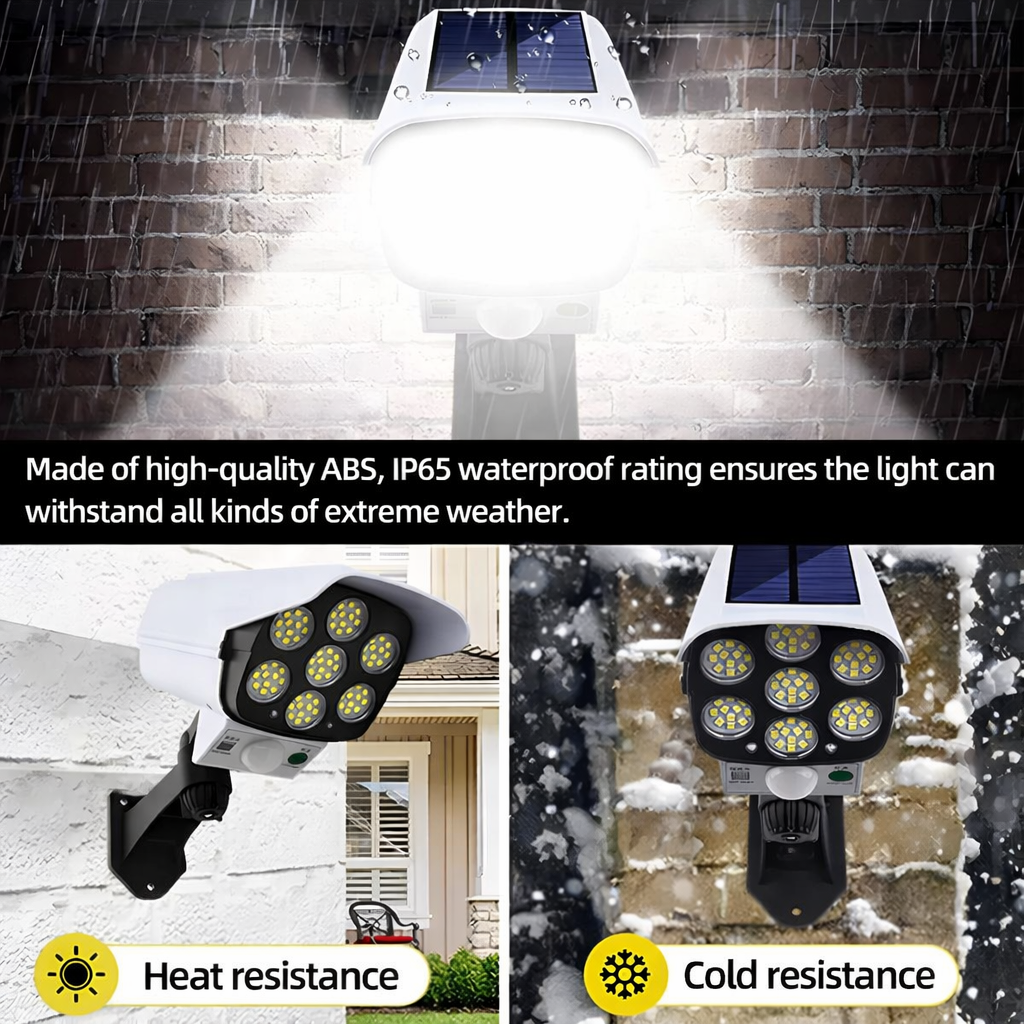 Solar-powered security light with text highlighting its weather resistance and features.