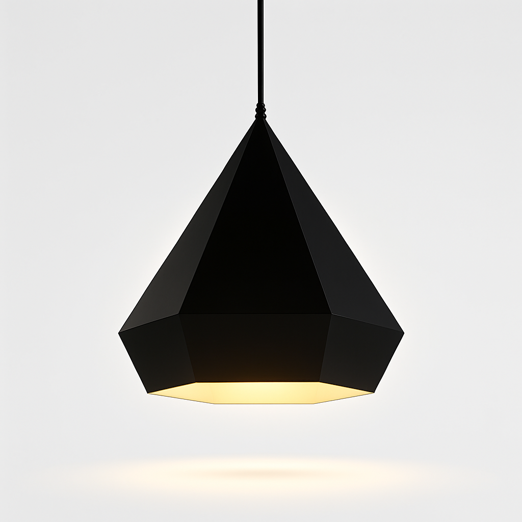 Black geometric pendant light on a white background
