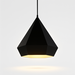 Black geometric pendant light on a white background