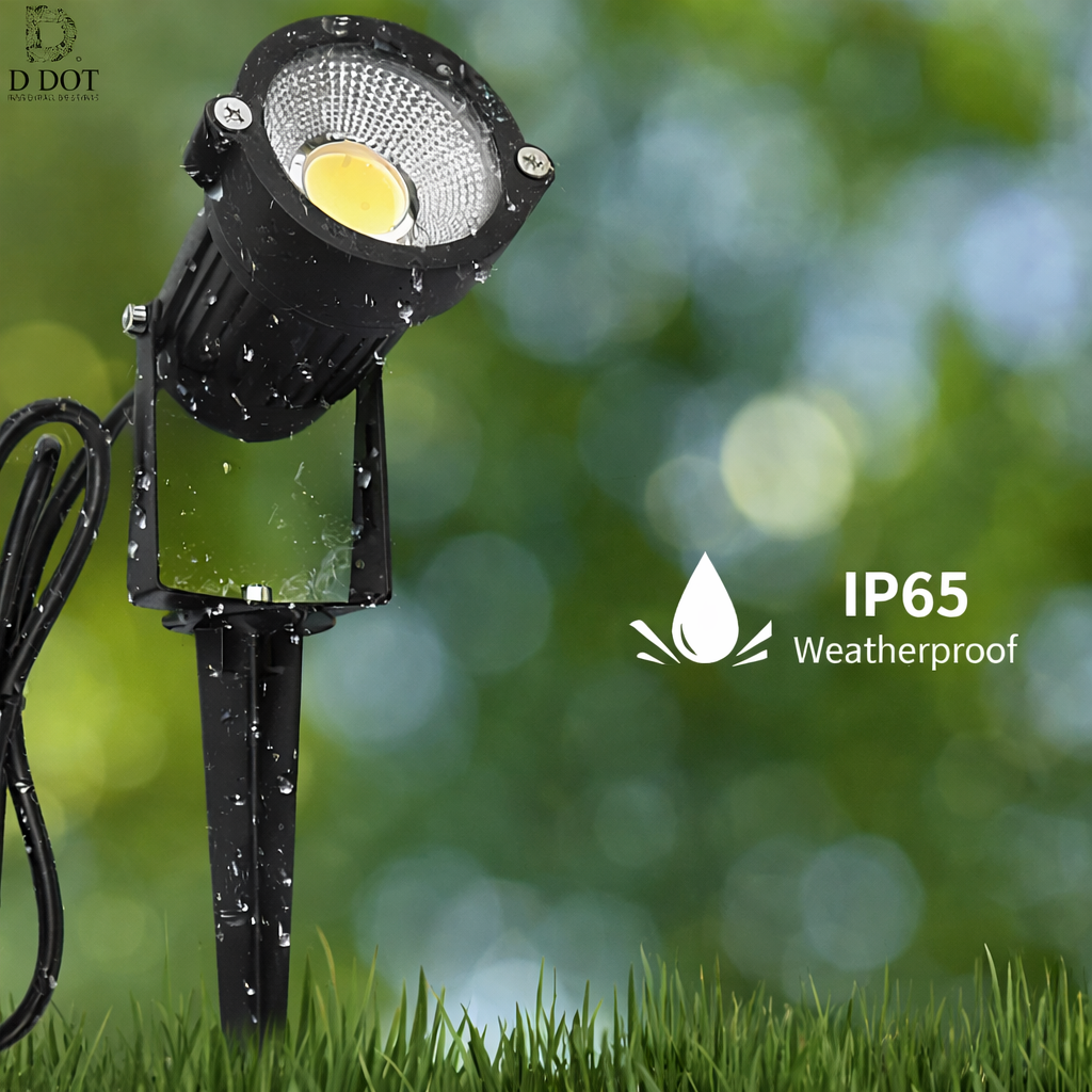 “High-lumen outdoor spotlight with waterproof features, perfect for pathways.”