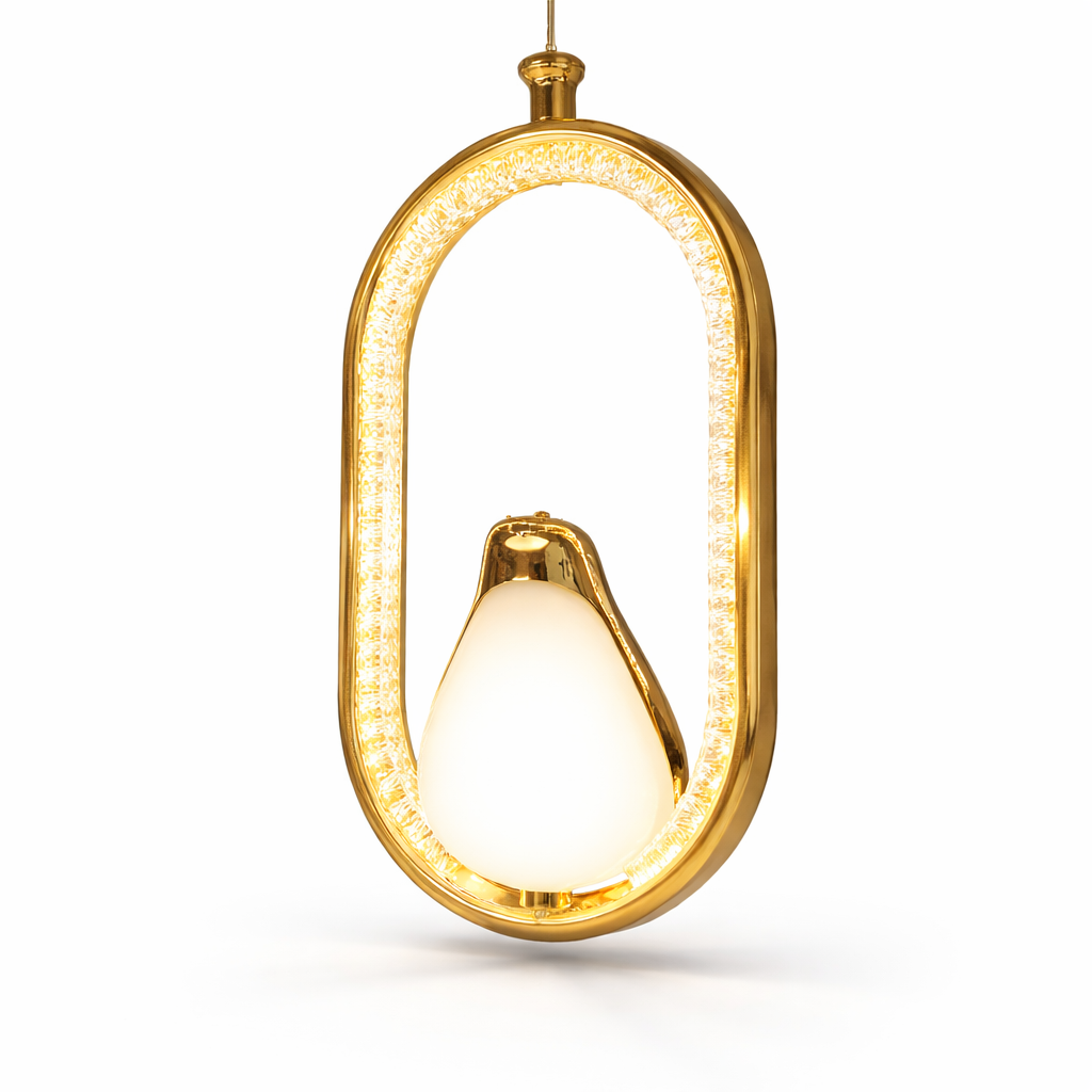 Gold pendant light with a white bulb on a white background