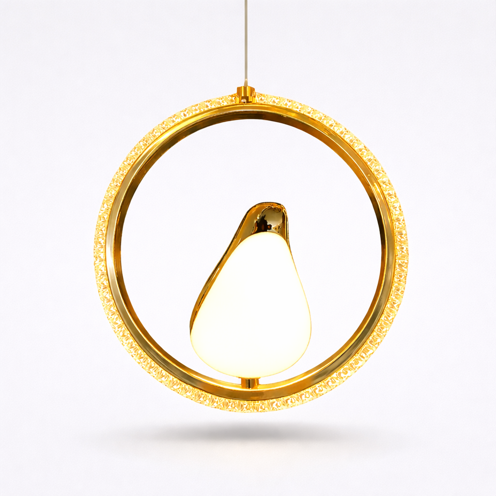 Gold circular pendant light on a white background