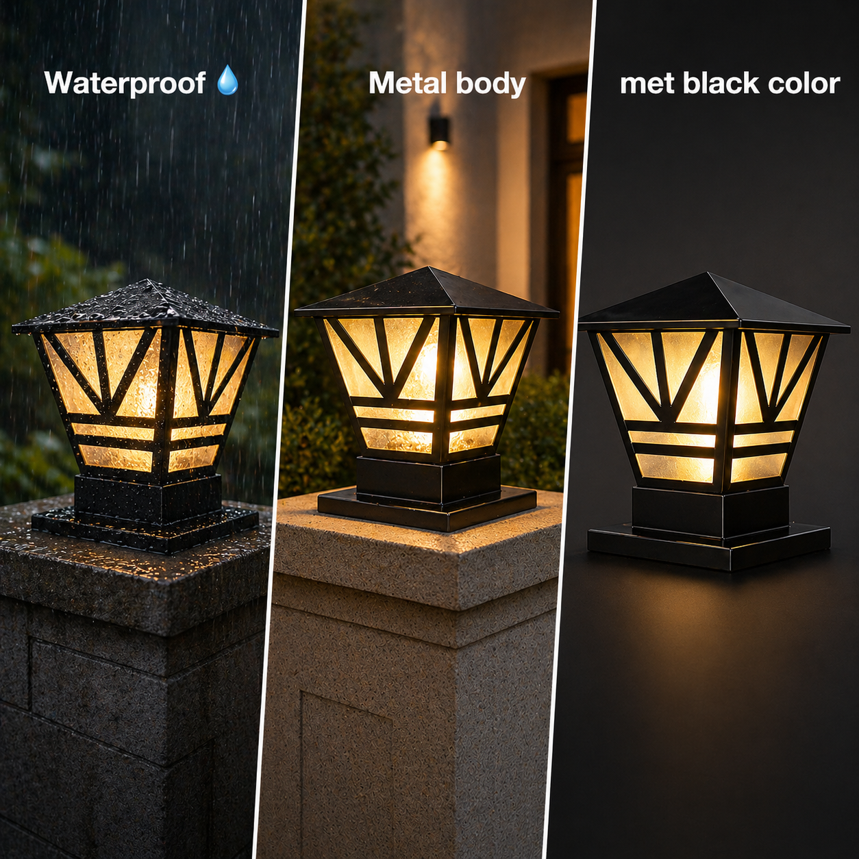 Three views of a decorative outdoor light fixture with waterproof, metal body, and met black color features.