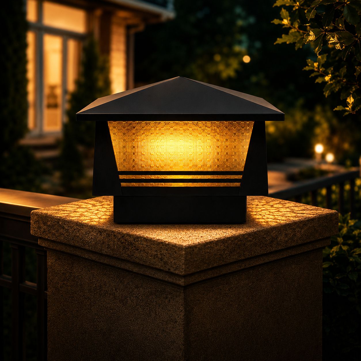 Outdoor light fixture on a stone post at night