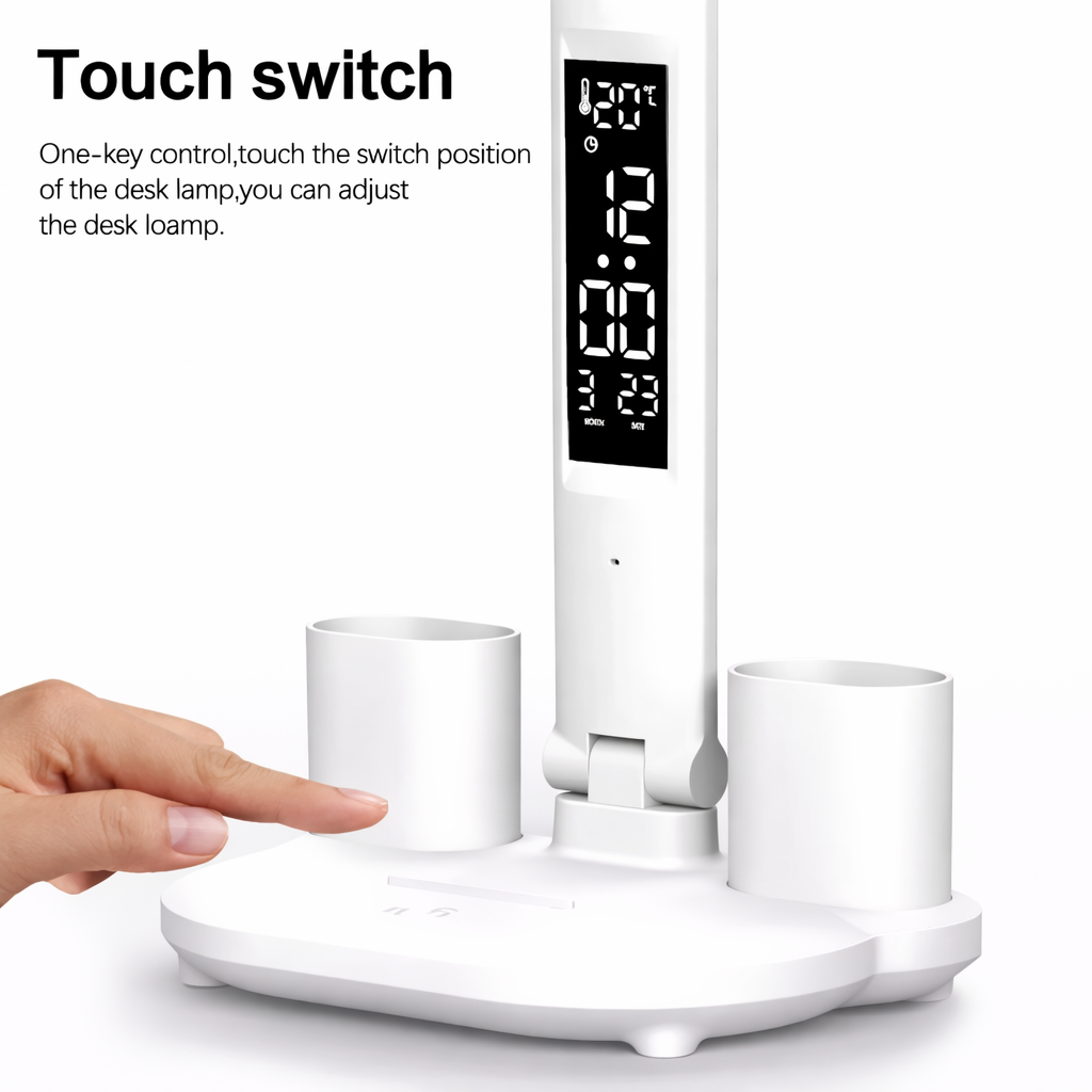 White desk lamp with digital display and touch switch, featuring text on one-key control.