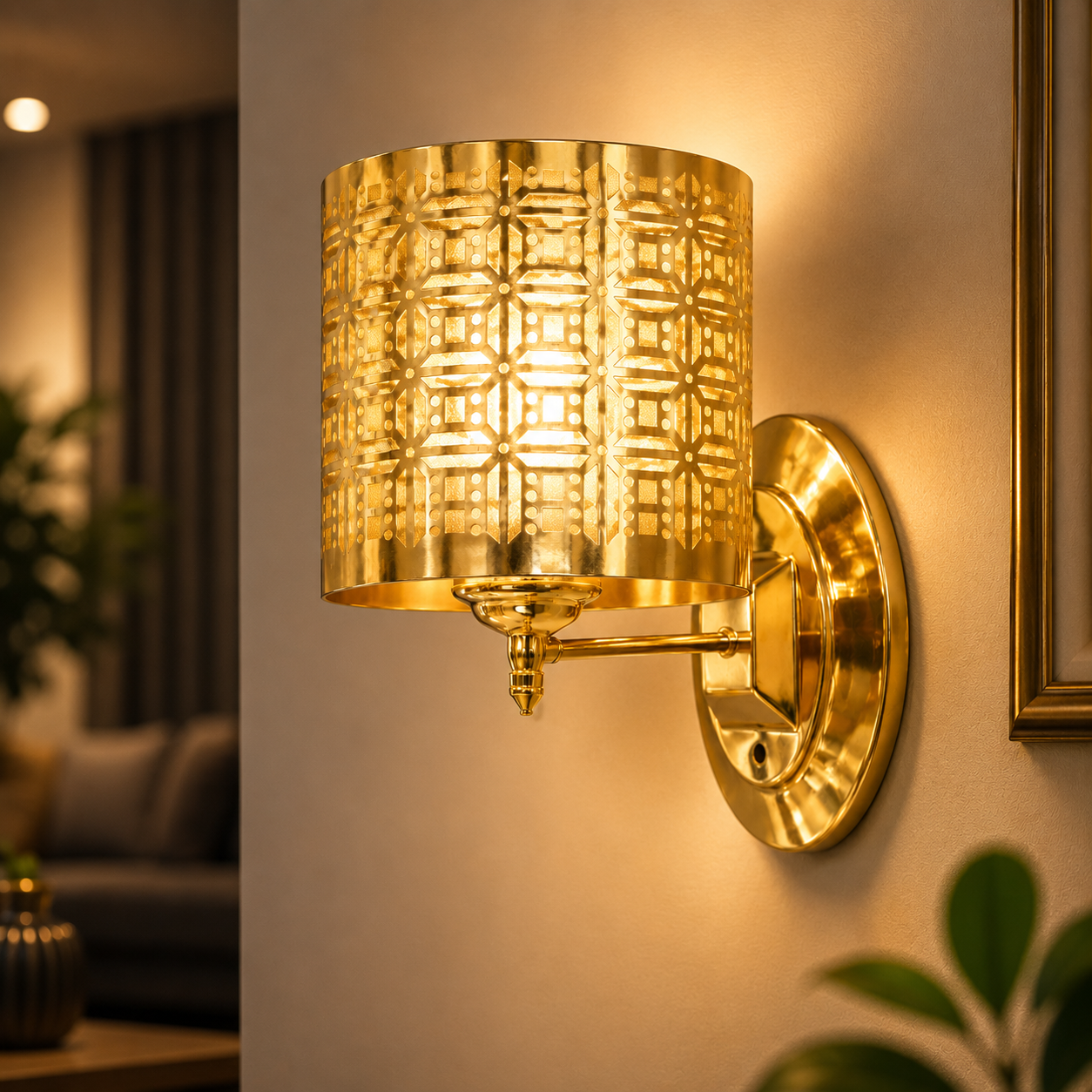 Gold wall sconce with textured shade in a home setting