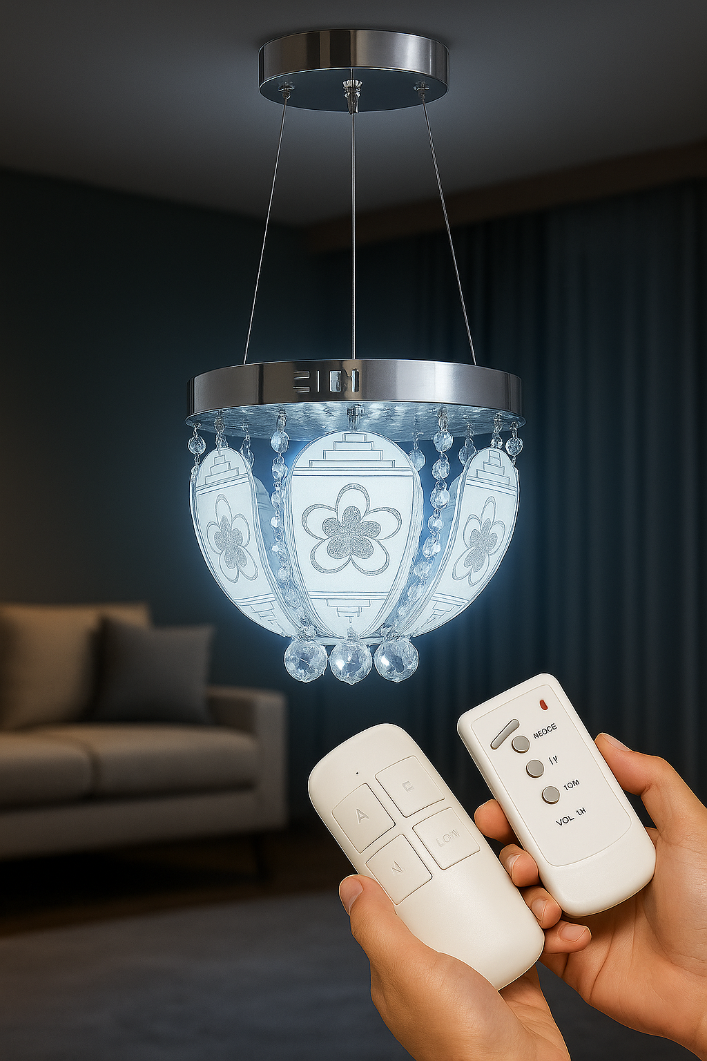 Decorative pendant chandelier with glass flower pattern panels.