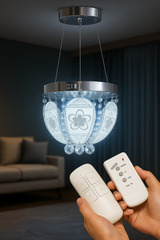 Decorative pendant chandelier with glass flower pattern panels.