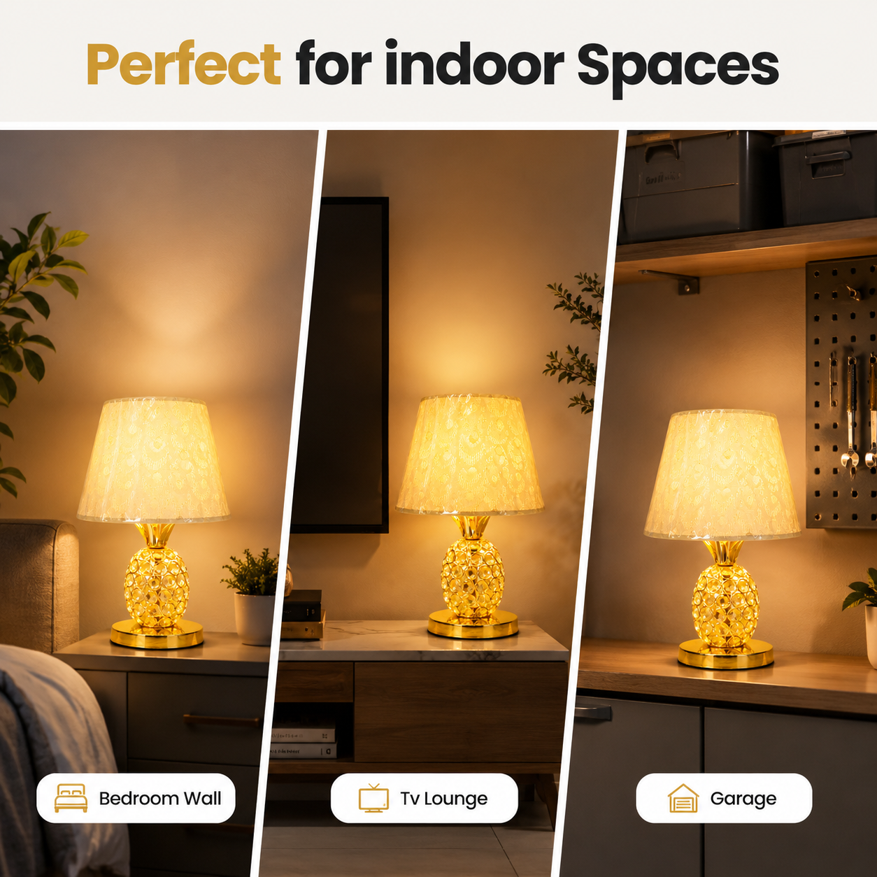 Decorative table lamp with gold base and white shade in various indoor settings.