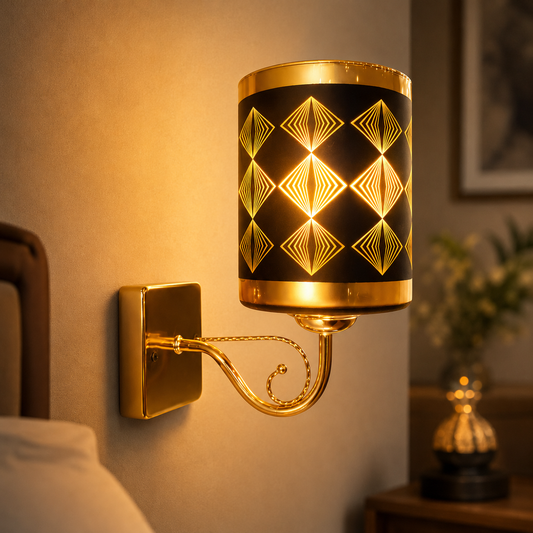 Decorative wall lamp with geometric pattern on a wall.
