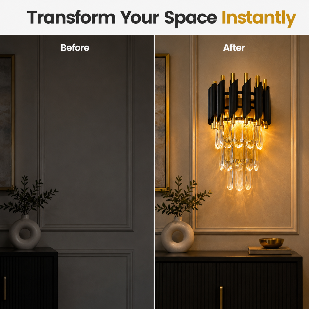 Before and after comparison of a room with a wall sconce installation.