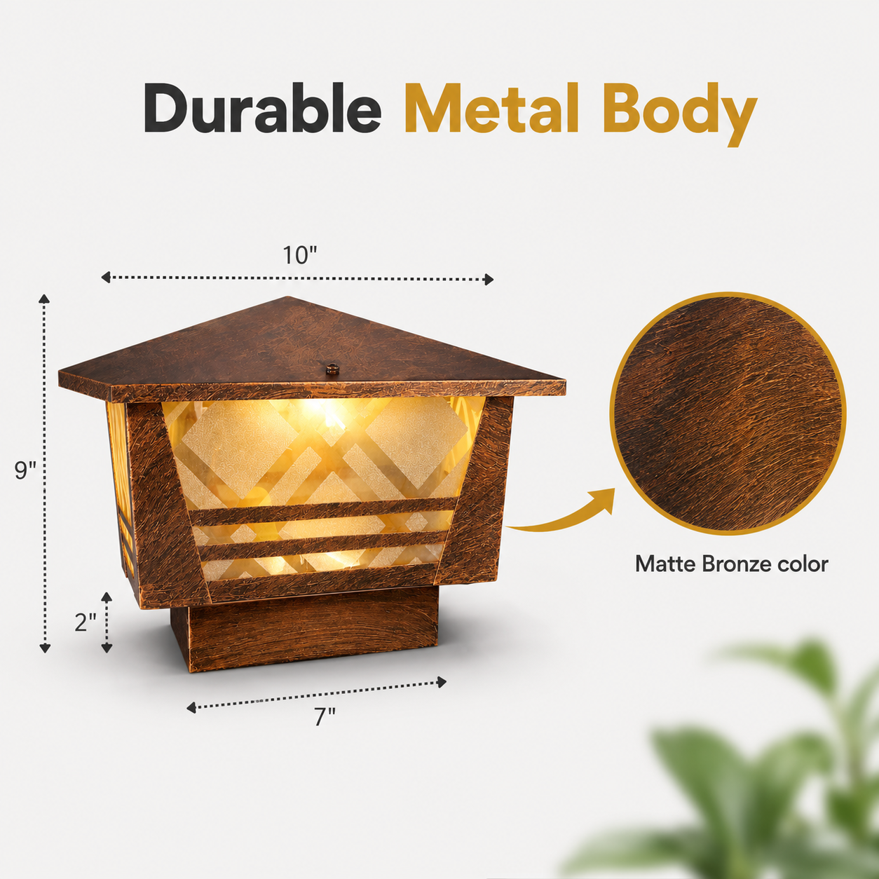 Wooden lantern with dimensions and a close-up of the matte bronze color on a white background