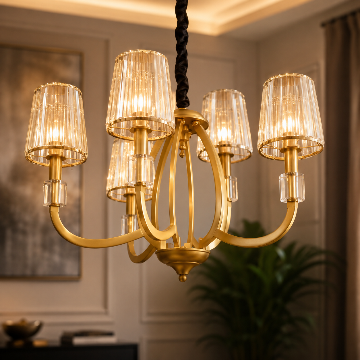 Gold chandelier with clear glass shades in a room setting