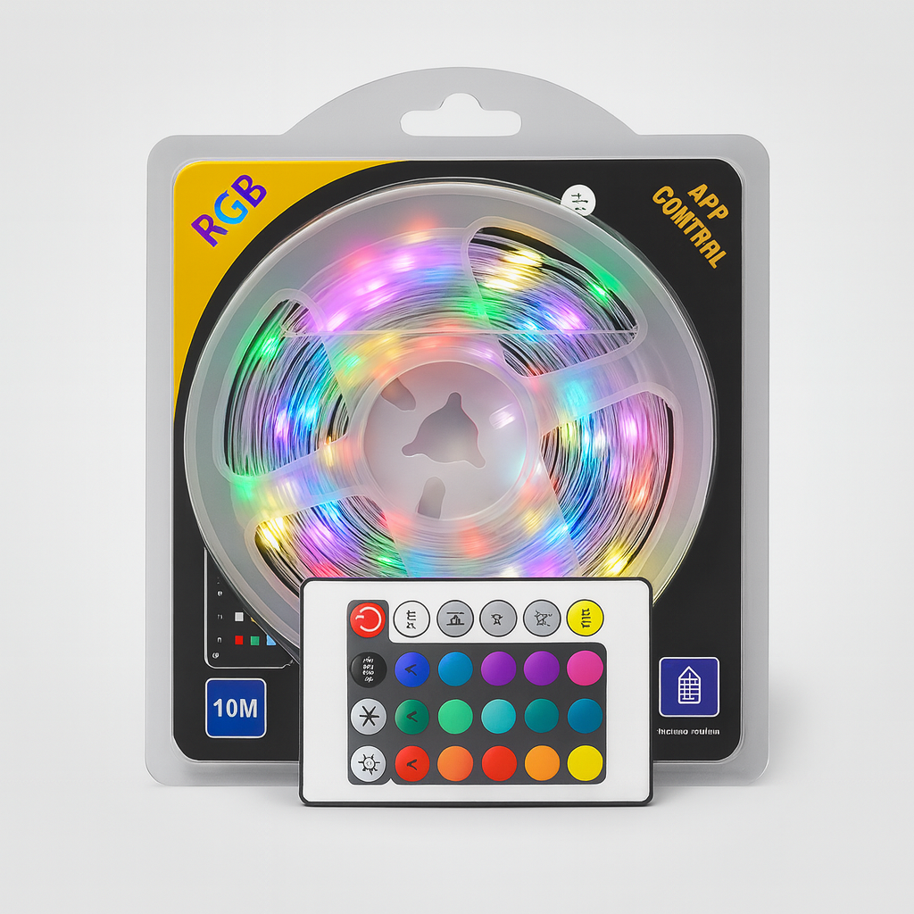 RGB LED strip light with remote control in packaging on a white background
