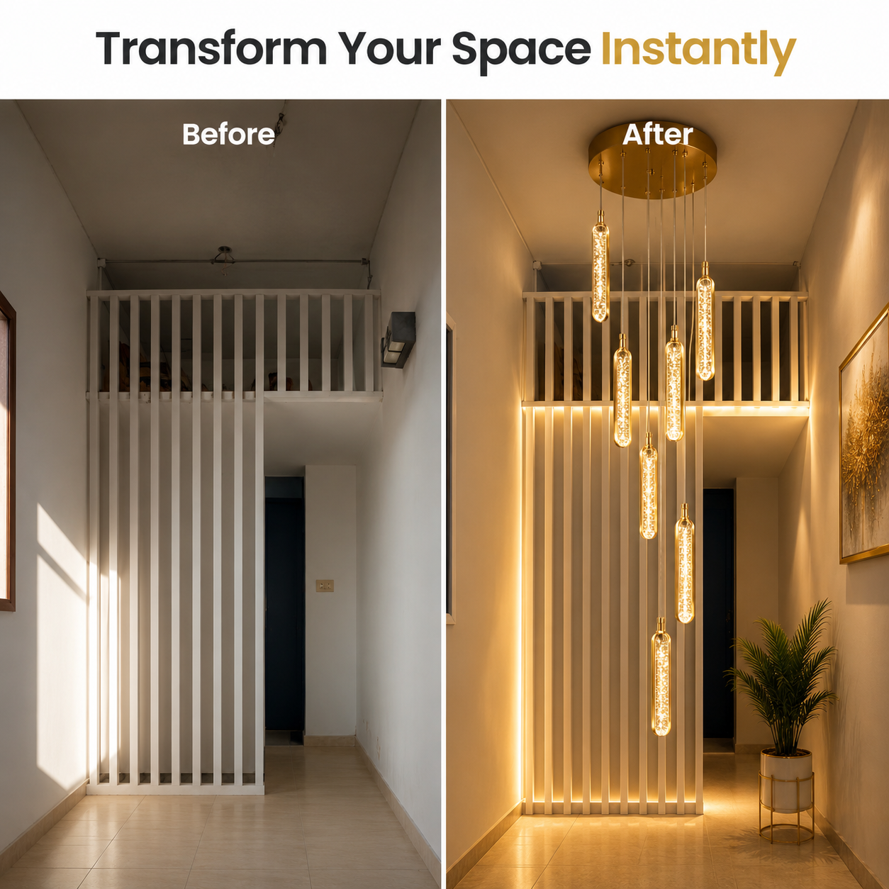 Before and after comparison of a room transformation with lighting changes.