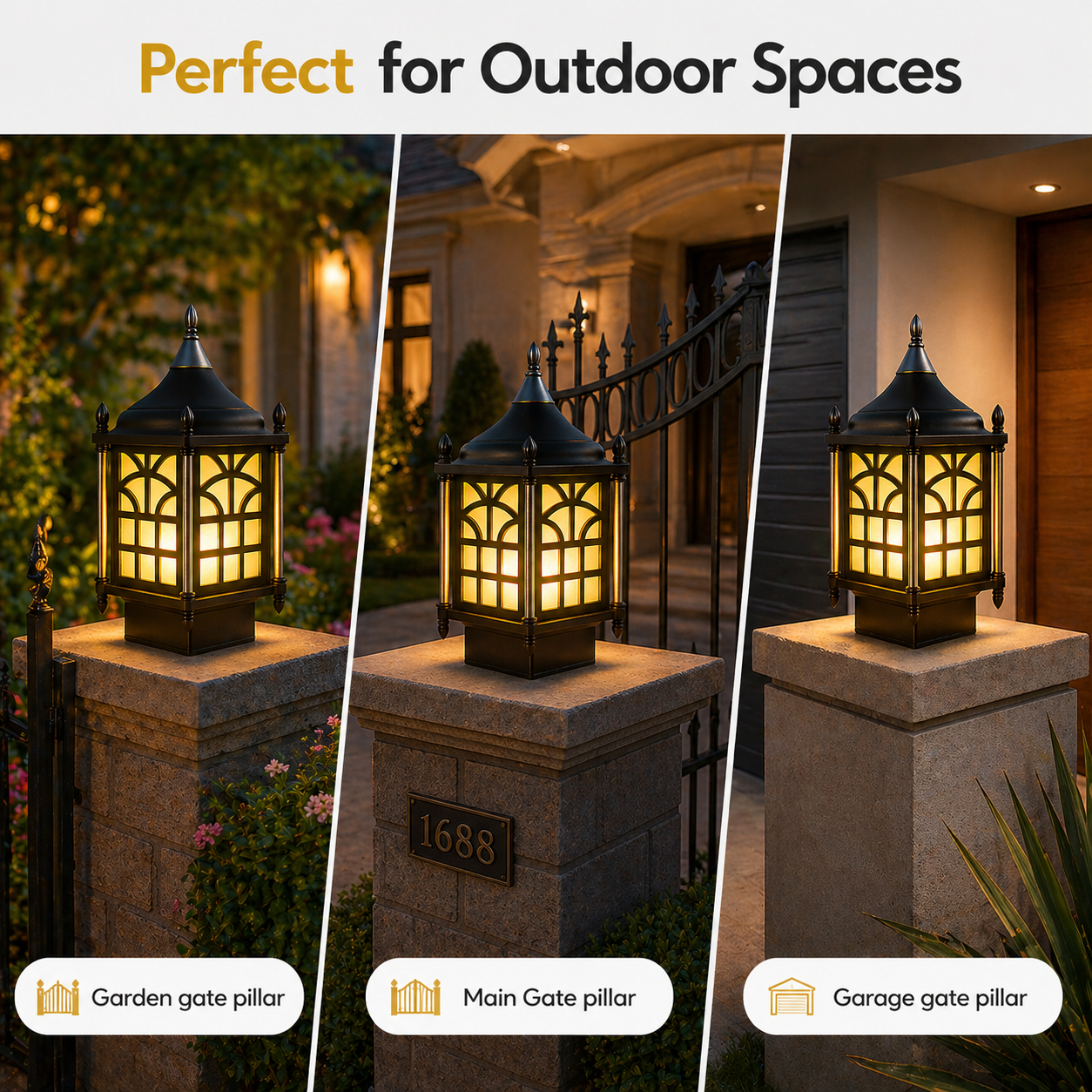 Decorative outdoor lamp on a stone pillar with text 'Perfect for Outdoor Spaces' at the top.