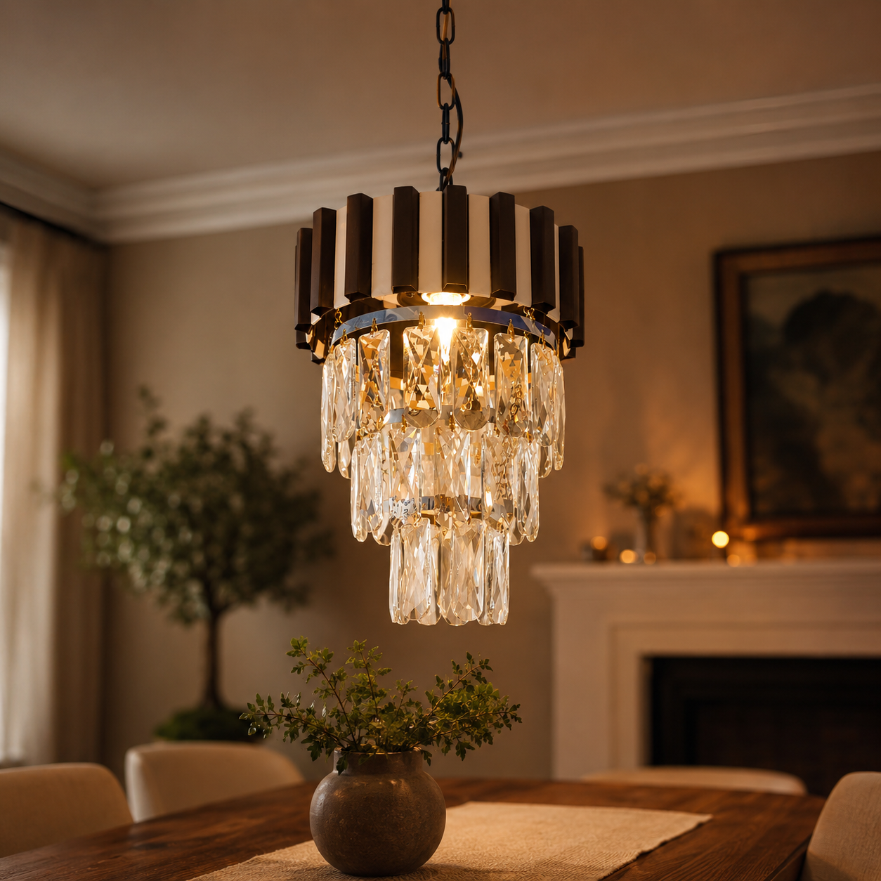 Chandelier hanging above a table in a warmly lit room with a fireplace and plant.