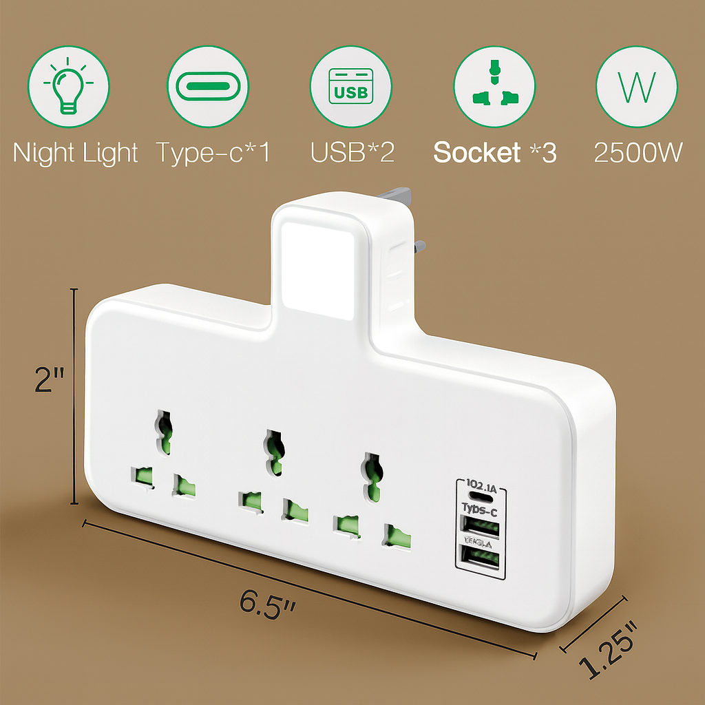 universal multi plug adapter with USB ports and night light