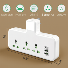 universal multi plug adapter with USB ports and night light
