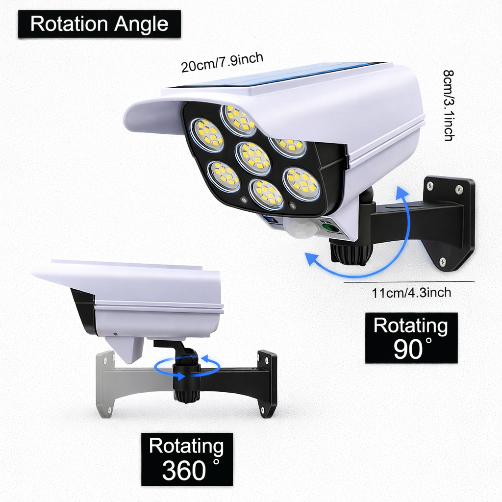 Solar security camera with rotation angles and dimensions labeled on a white background