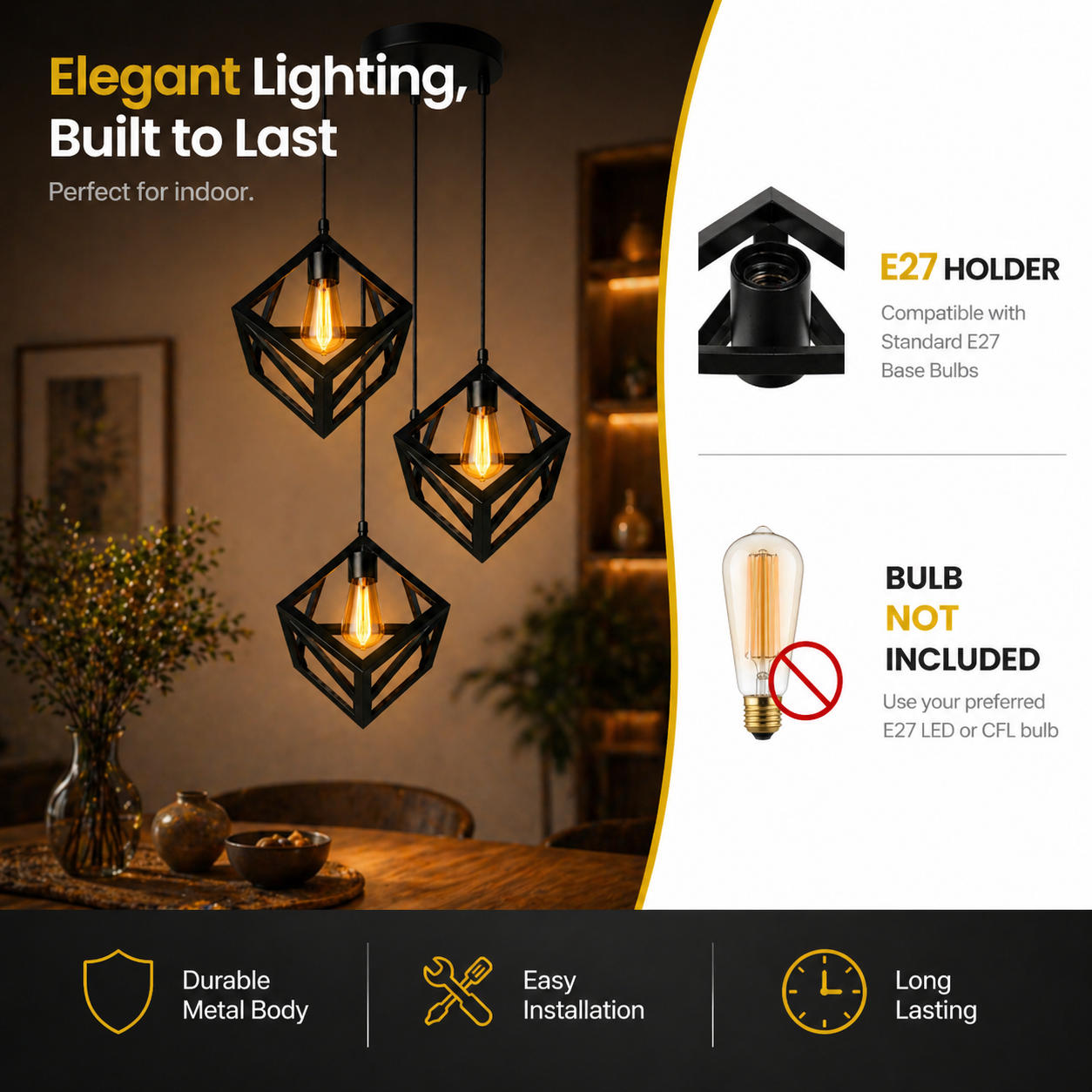 Black pendant light fixture with text on durability, installation, and bulb compatibility.